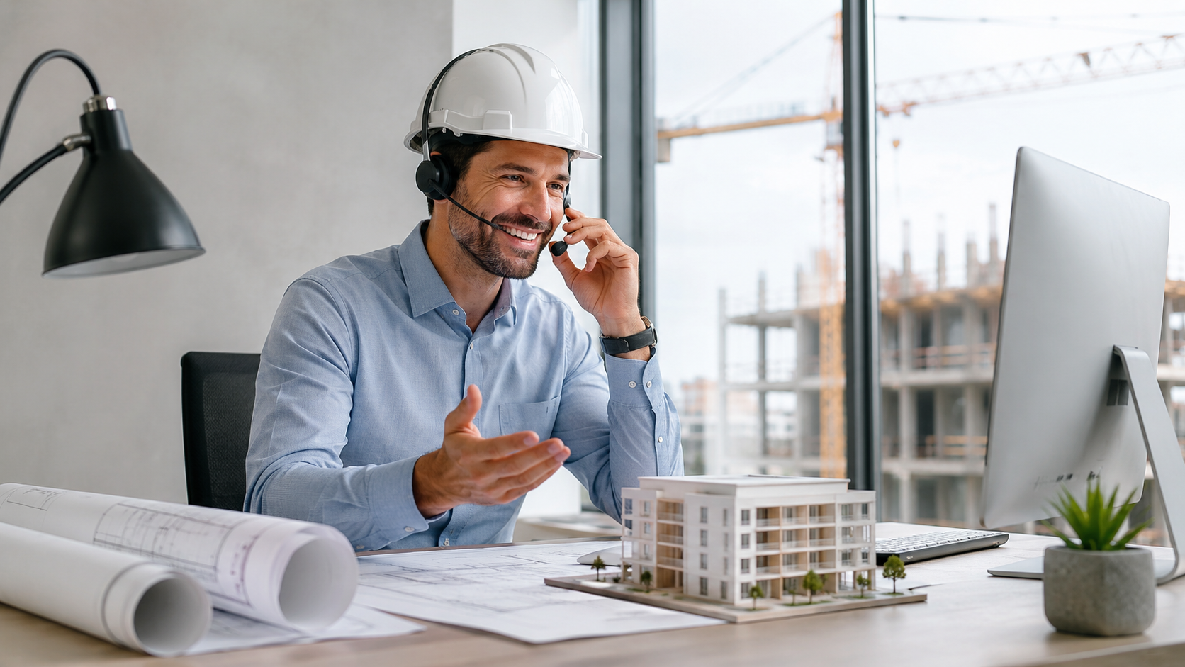 Conseiller en casque de chantier au téléphone dans un call center dédié au bâtiment et au HVAC