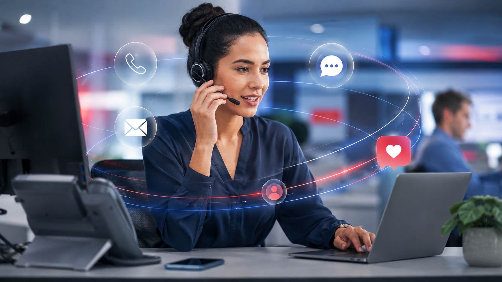 Téléconseillère traitant les interactions clients sur un plateau de centre de contact