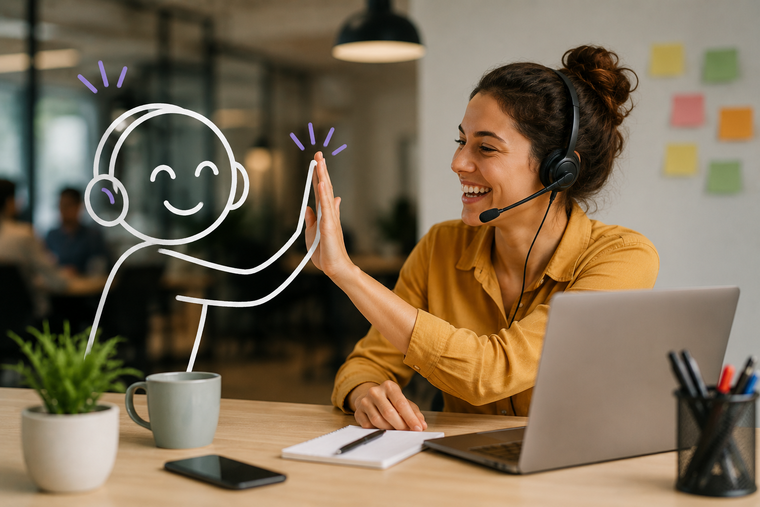 Téléconseillère faisant un high five à un callbot : la collaboration humain et bot