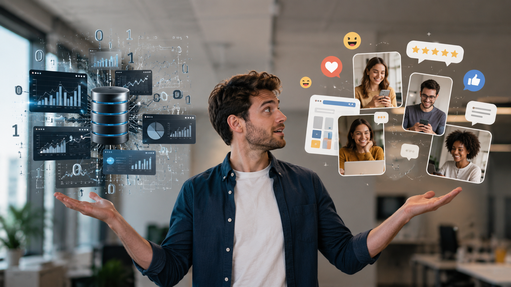 Professionnel comparant l'analyse de données et les retours d'expérience client