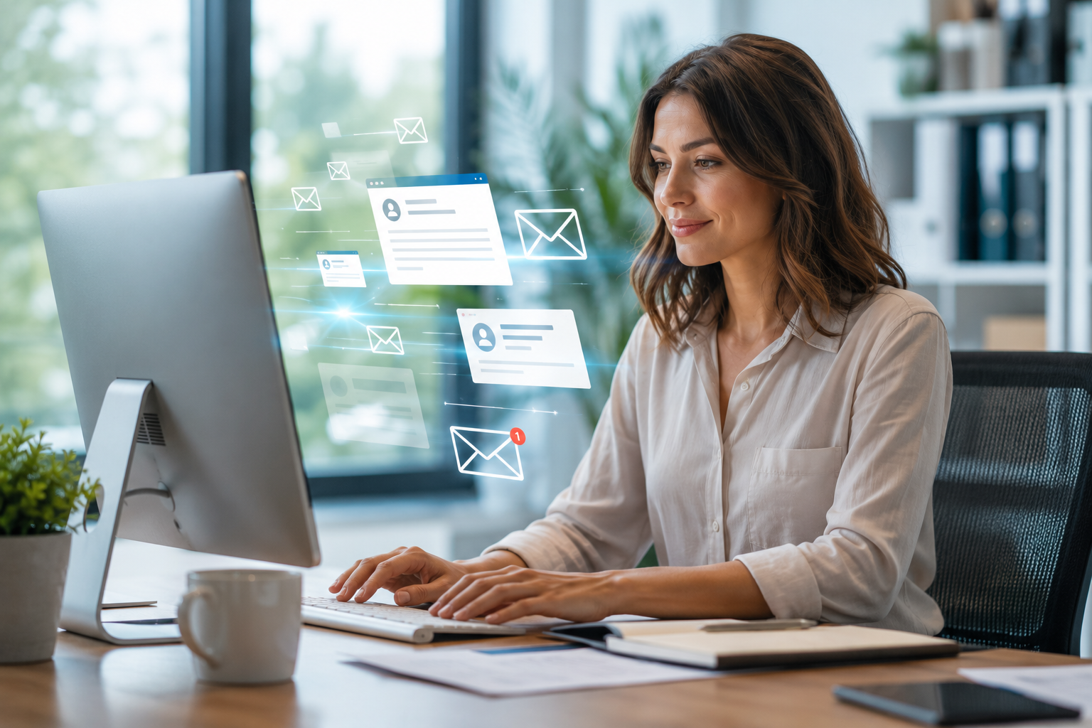Conseillère gérant les emails clients d'une entreprise dans le cadre d'une relation client externalisée