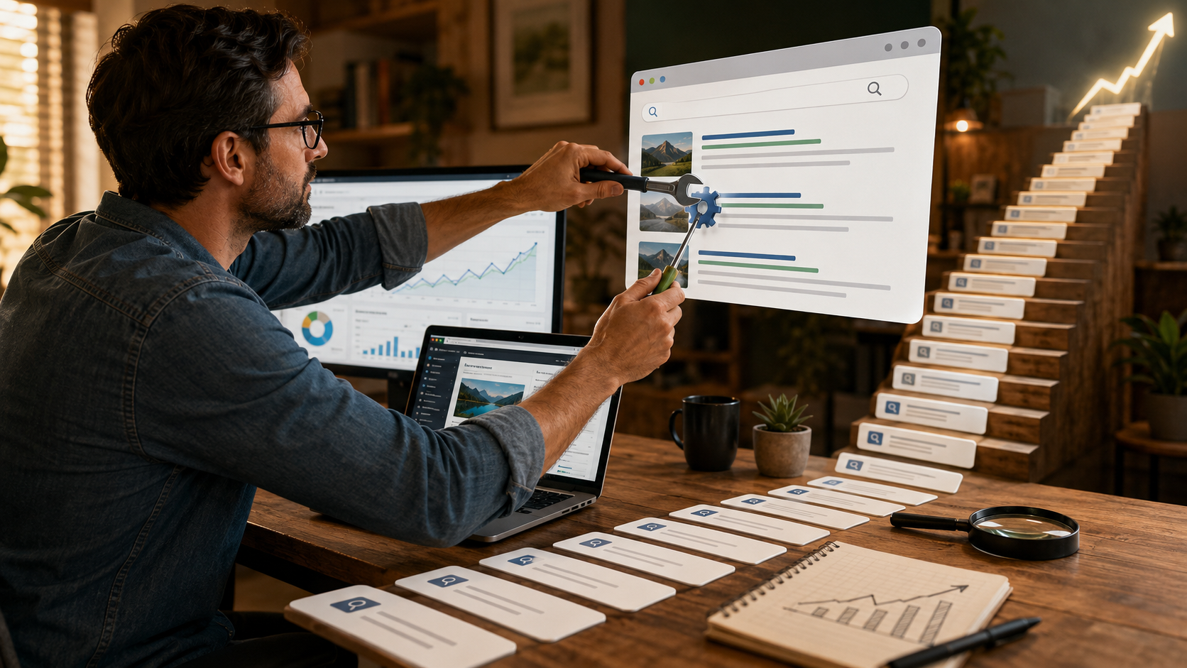 Consultant SEO optimisant les résultats de recherche Google d'un site WordPress