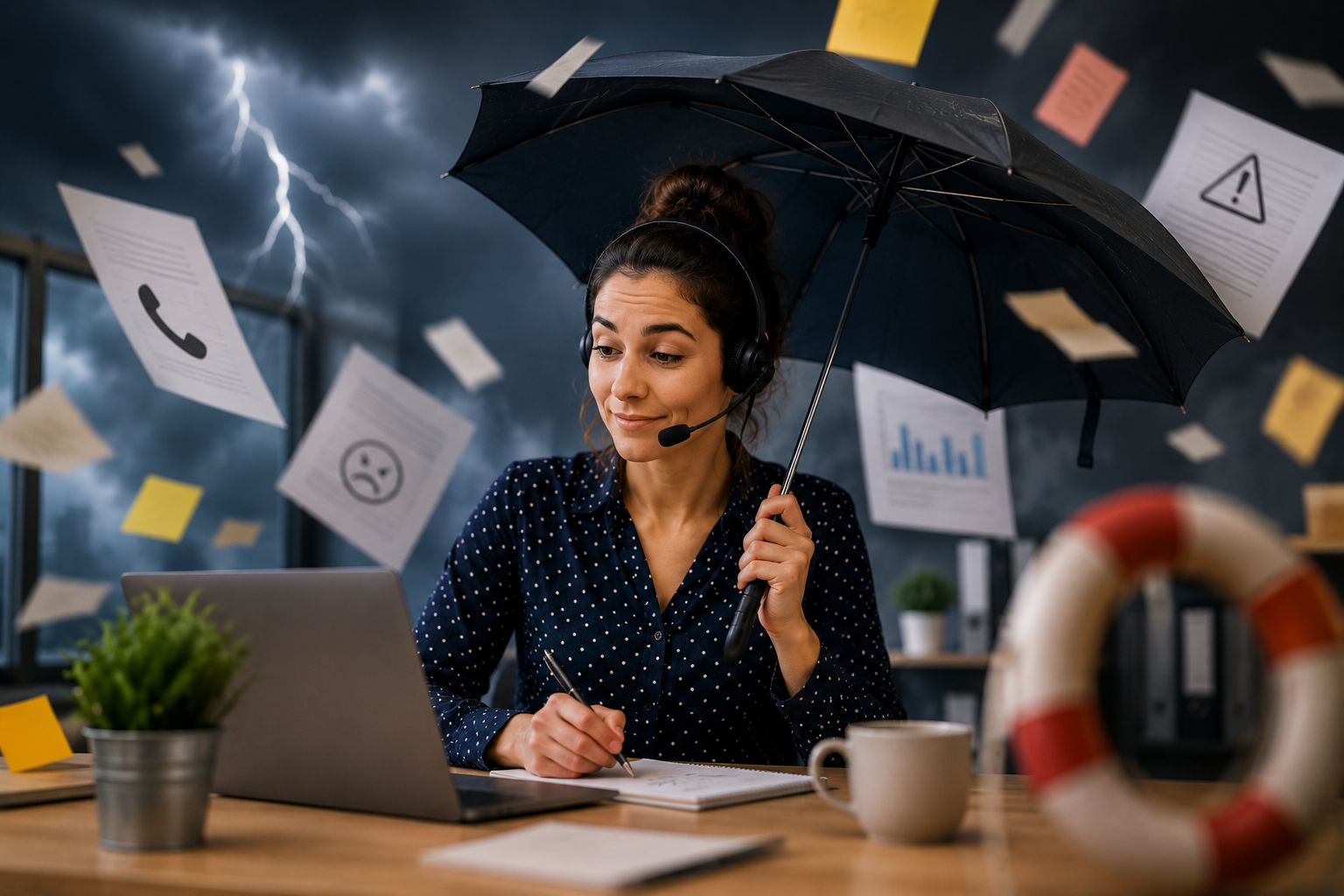 Téléconseillère gérant une situation de crise sous une pluie de réclamations