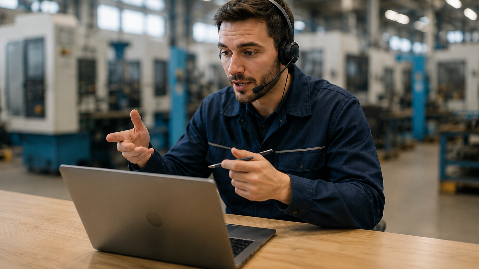 Technicien au casque qualifiant des leads depuis un atelier industriel