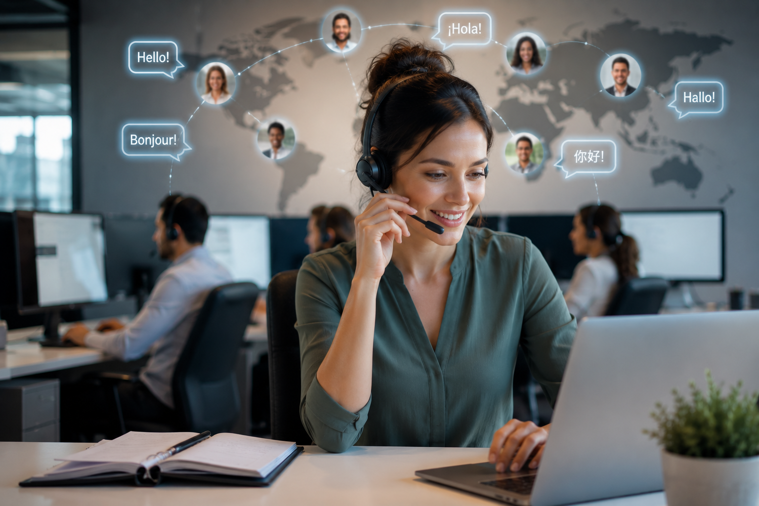 Gestion de leads multilingue : téléconseillère échangeant avec des prospects internationaux
