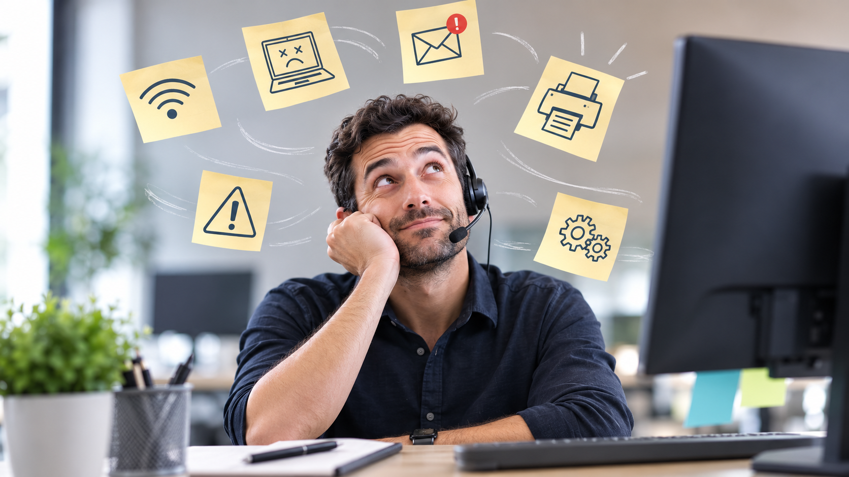 Teleconseiller songeur face à ses multiples demandes d'assistance : wifi, email, alertes et incidents