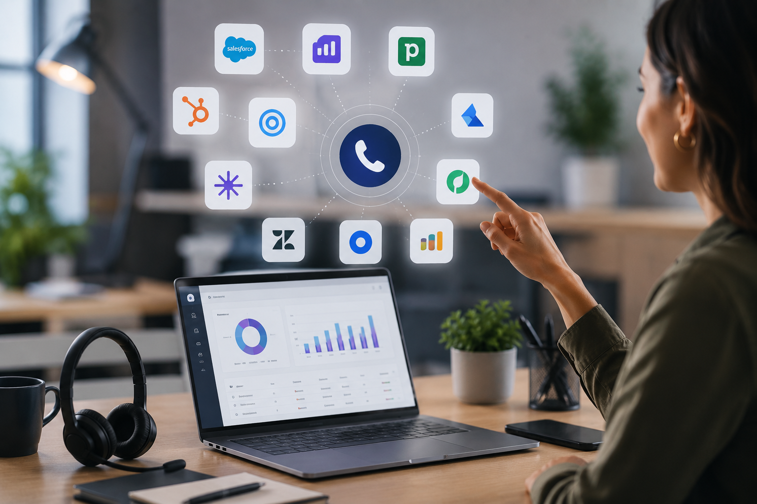 Téléconseillère utilisant des logiciels CRM et outils de relation client dans un call center
