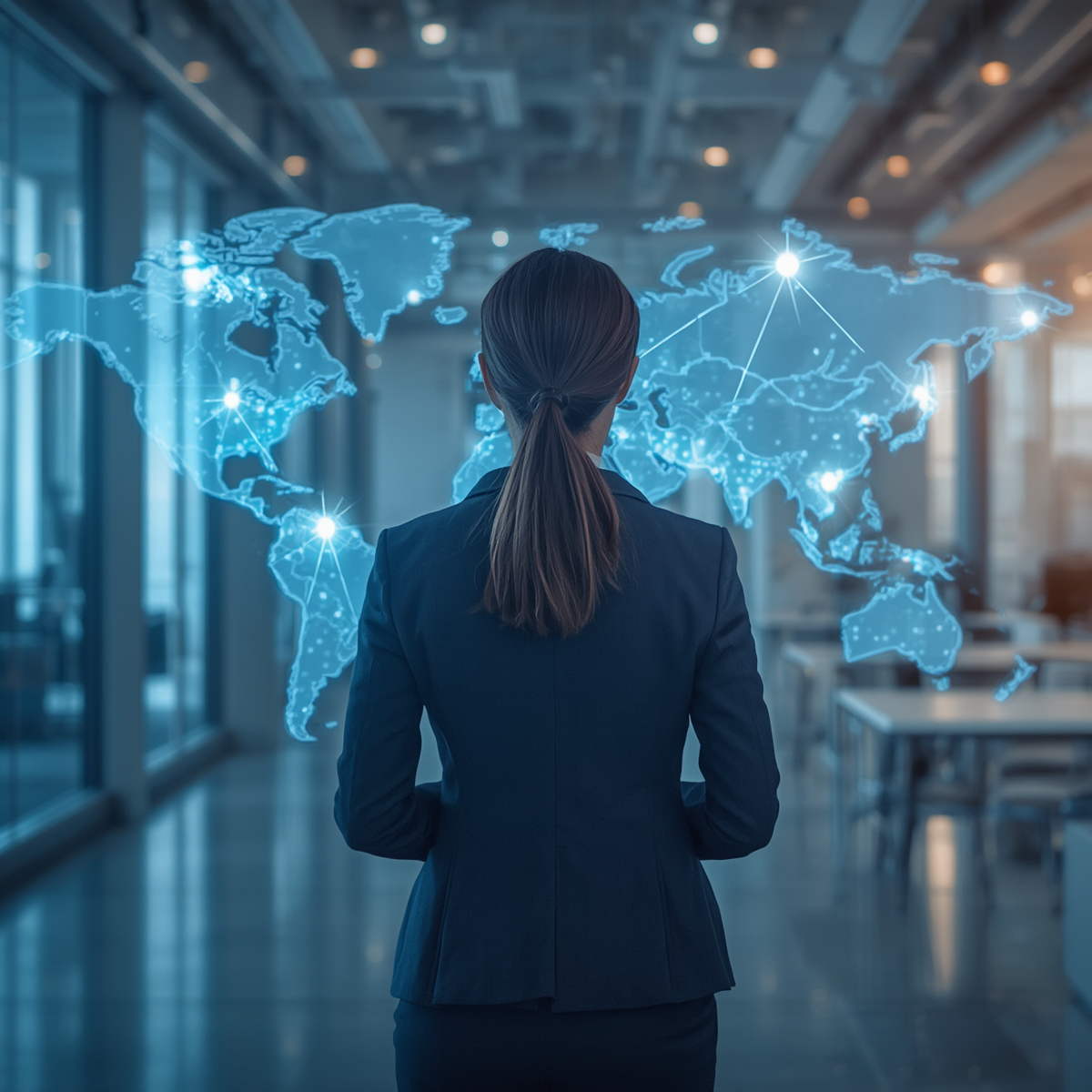 Marketing digital à l'export : dirigeante face à une carte mondiale des opportunités