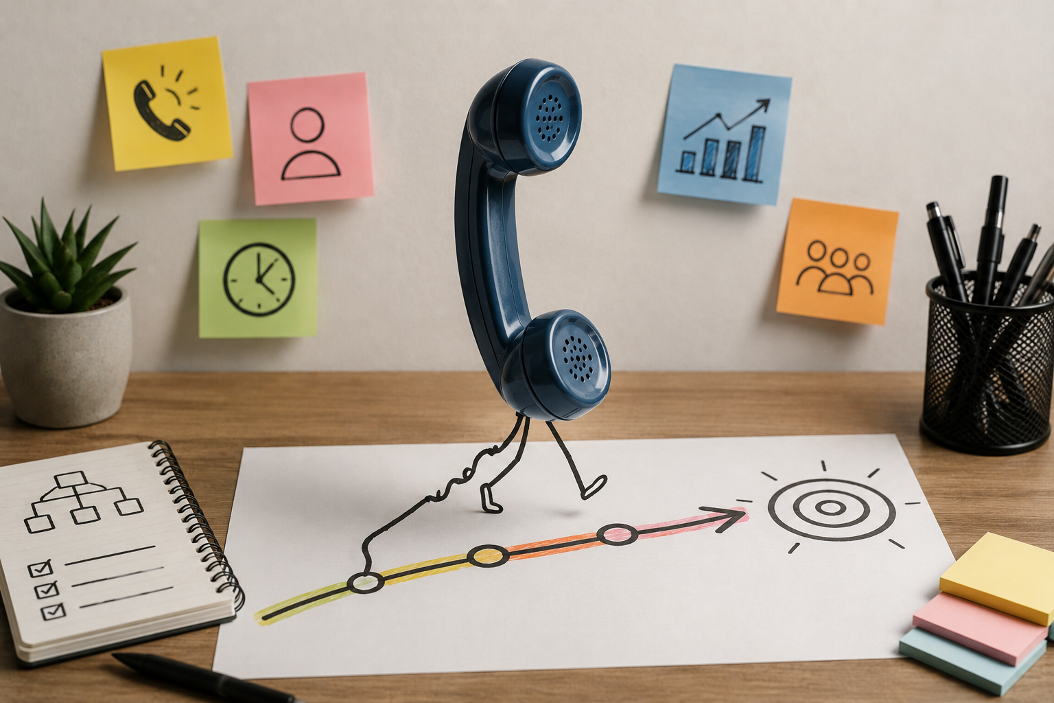 Combiné téléphonique suivant les étapes d'un plan d'appel vers l'objectif de prise de rendez-vous