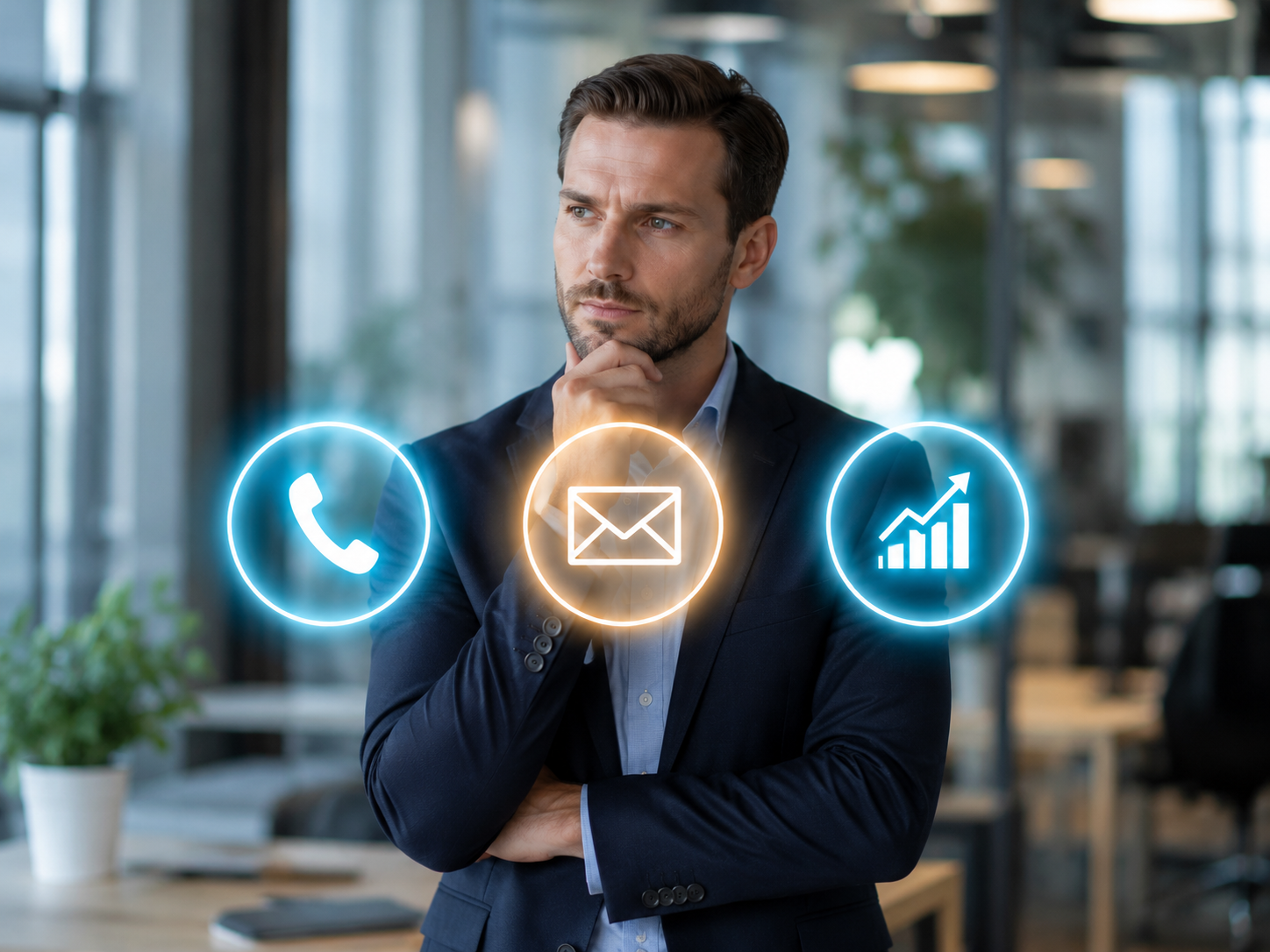 Commercial choisissant ses canaux de prospection BtoB : appels, emails, data