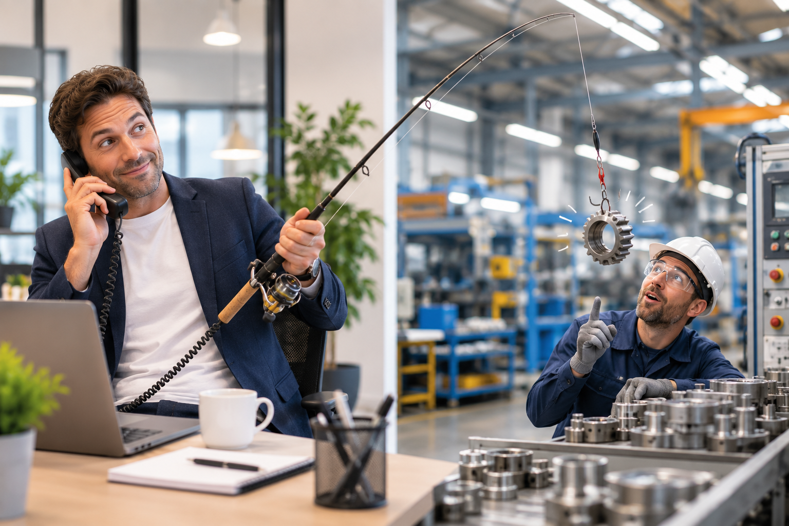 Prospection commerciale industrie : commercial au téléphone partant à la pêche aux prospects industriels