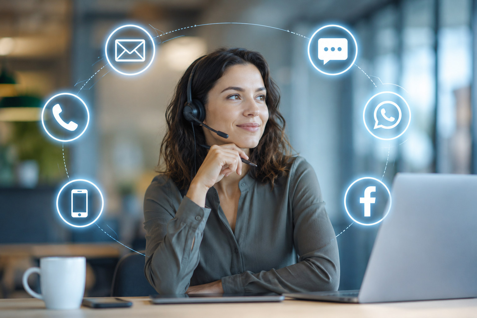 Téléconseillère gérant la relation client multicanale : téléphone, email, chat et réseaux sociaux