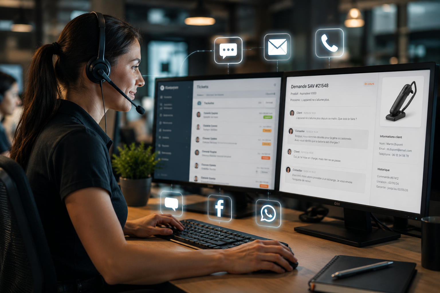 Téléconseillère traitant un ticket SAV sur plusieurs canaux : chat, email et téléphone
