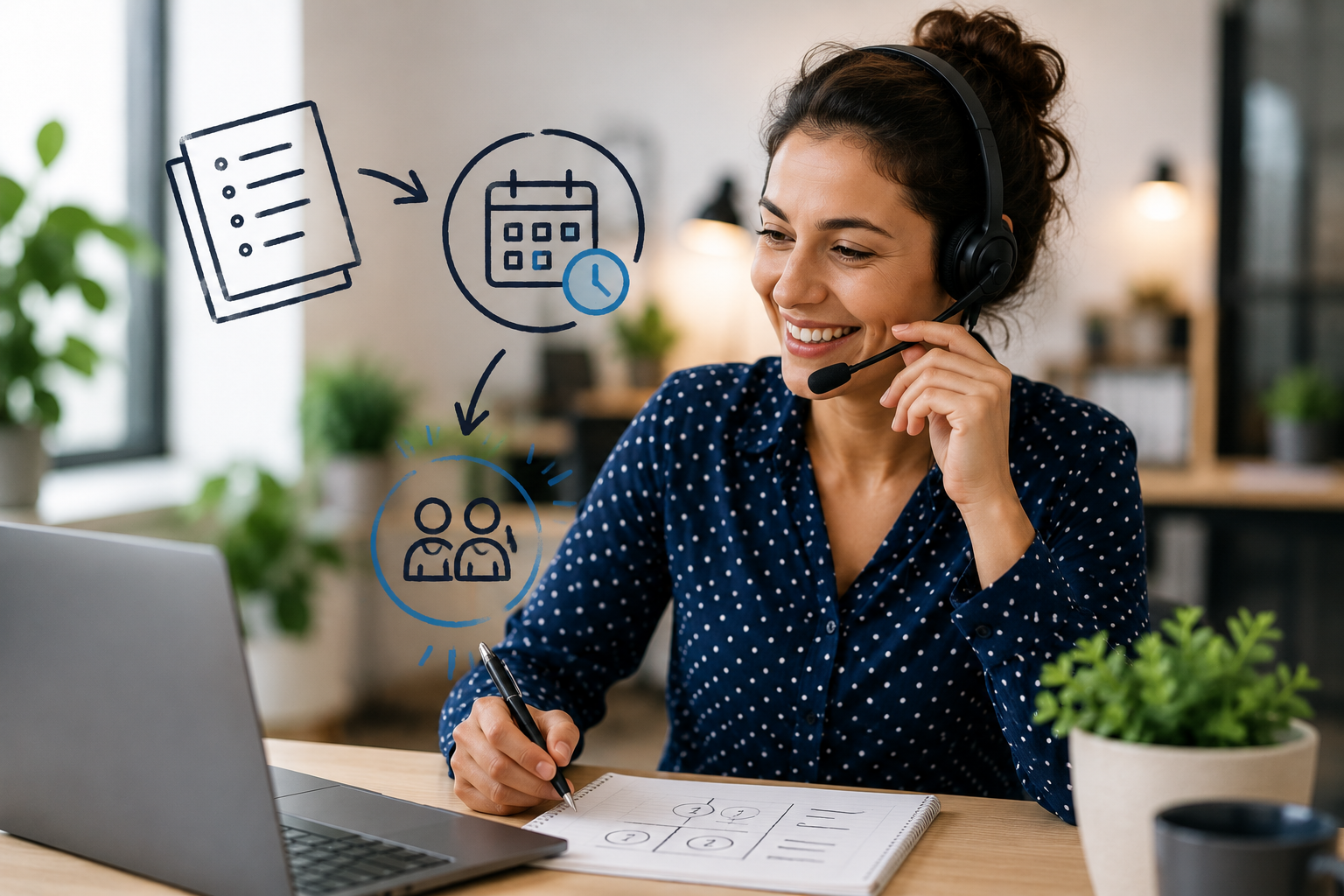 Téléconseillère préparant sa trame d'appel et son agenda de rendez-vous commerciaux
