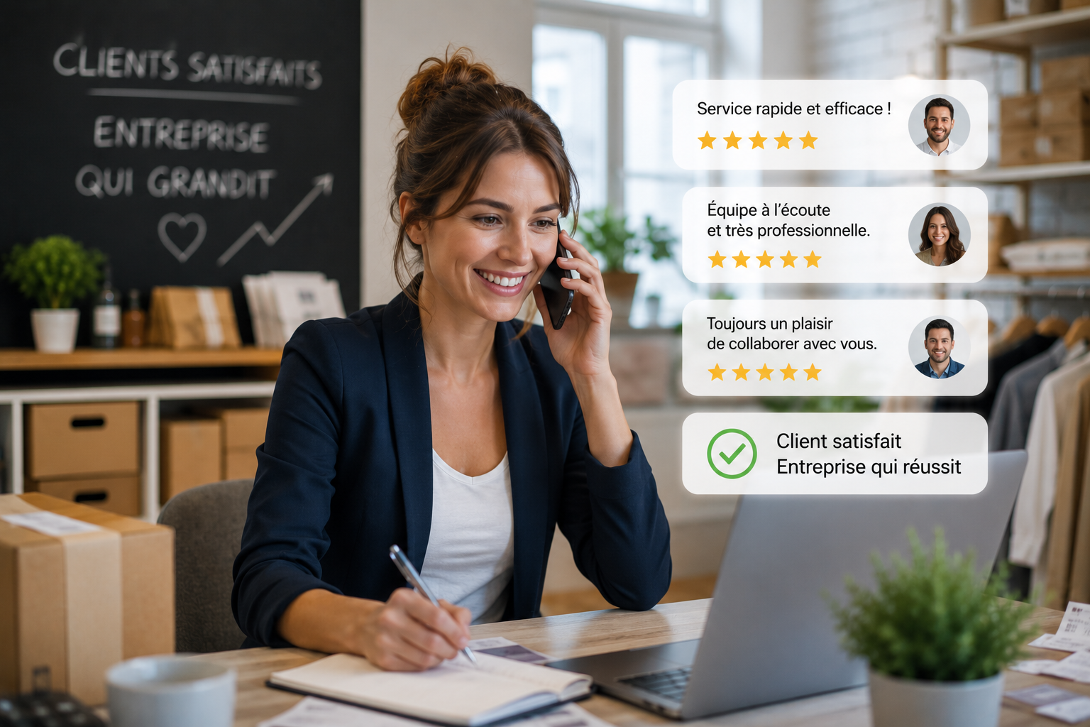 Dirigeante de PME au téléphone recevant des avis clients 5 étoiles sur son service client