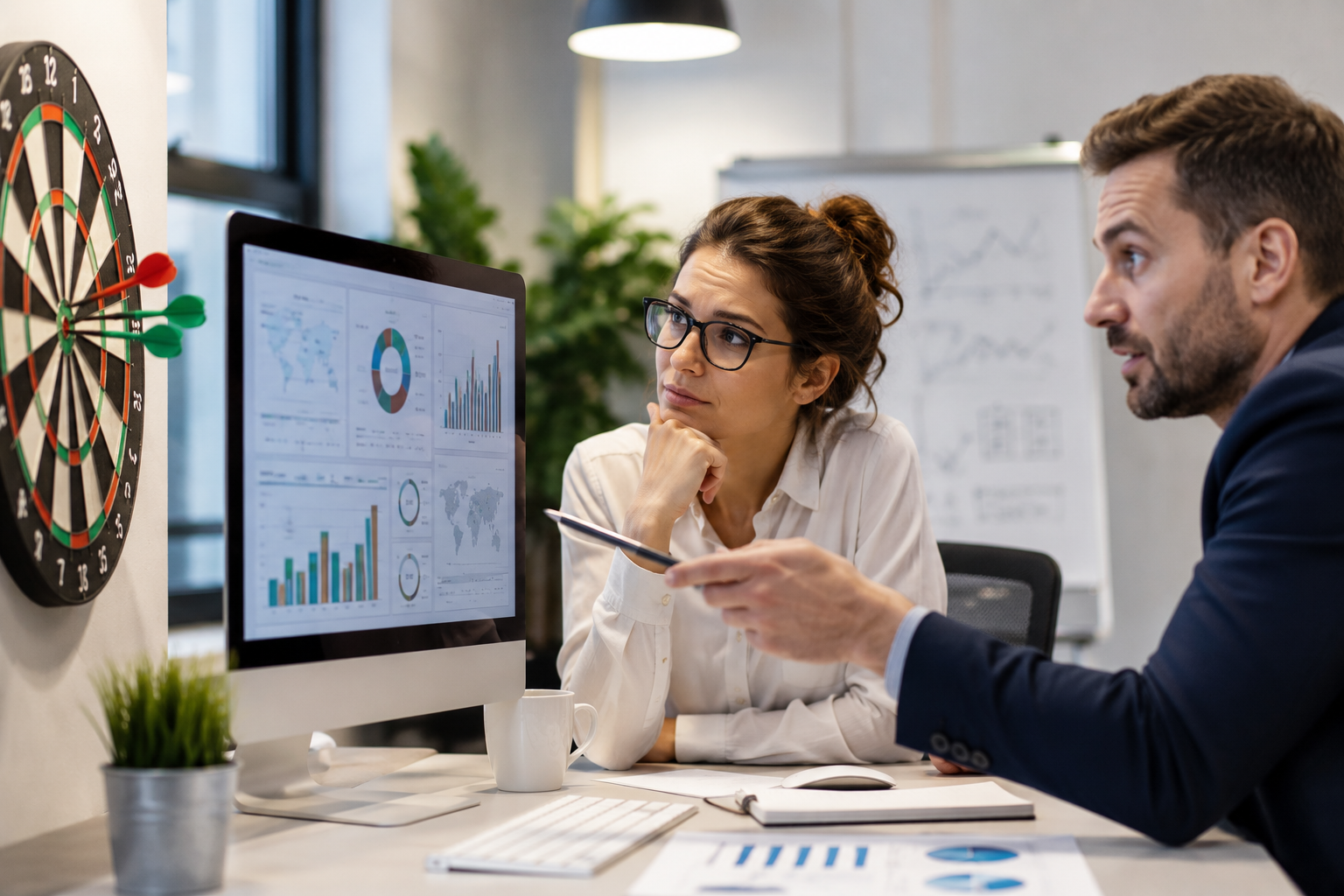 Managers analysant les indicateurs de performance commerciale sur un tableau de bord